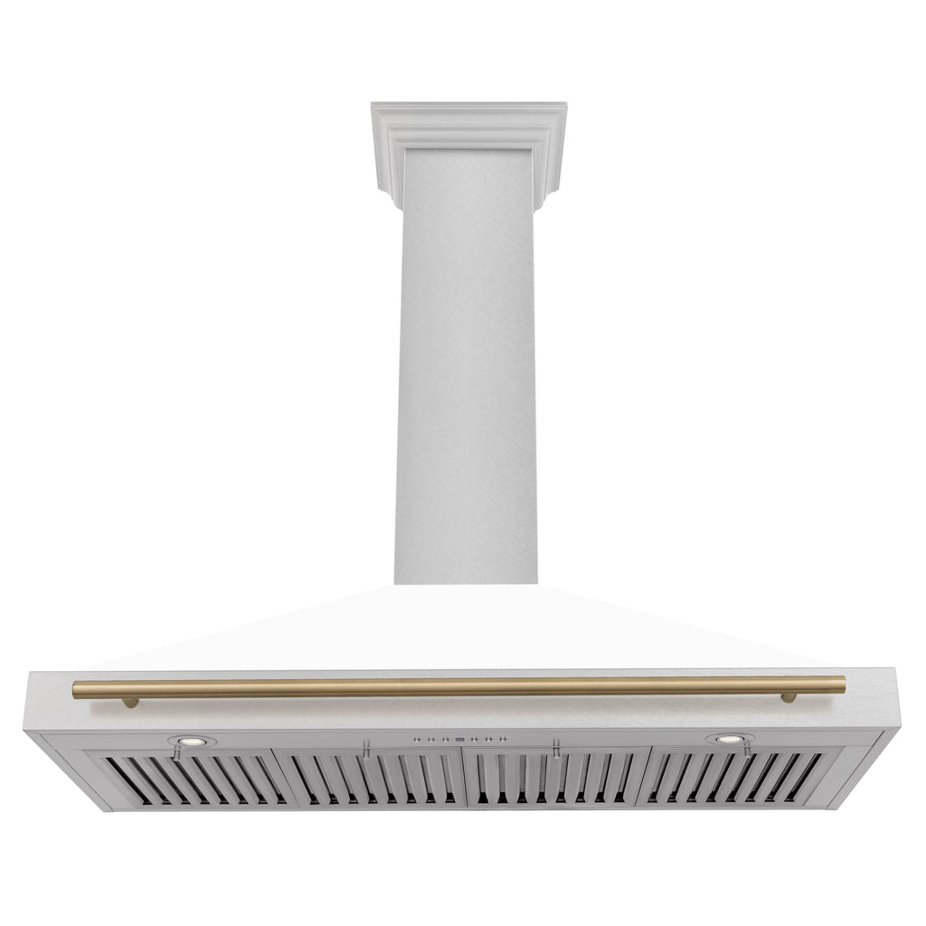 ZLINE 48 in Wall Mount Range Hood Convertible Satin Stainless Steel White Matte Shell Champagne Bronze Handle (KB4SNZ-WM48-CB)