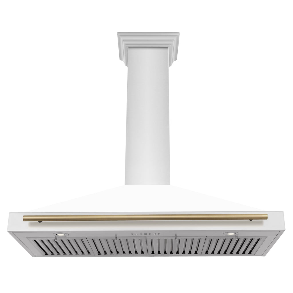 ZLINE 48 in. Wall Mount Range Hood Stainless Steel White Matte Shell Champagne Bronze Handle KB4STZ-WM48-CB