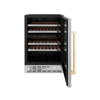 ZLINE Autograph 24" Monument Dual Zone 44-Bottle Wine Cooler in Stainless Steel with Gold Accents, RWVZ-UD-24-G