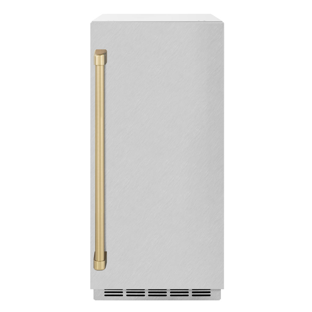 ZLINE Autograph 15" Touchstone Clear Cube Ice Maker with Drain Pump and Satin Stainless Steel Door with Champagne Bronze Handle, ICCDZ-SN-15-CB