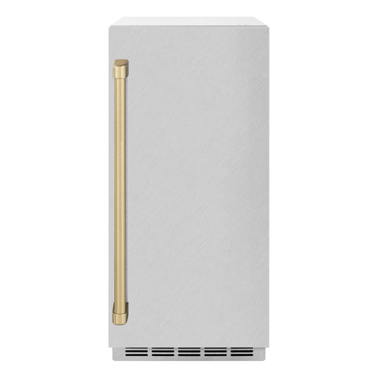 ZLINE Autograph 15" Touchstone Clear Cube Ice Maker with Drain Pump and Satin Stainless Steel Door with Champagne Bronze Handle, ICCDZ-SN-15-CB