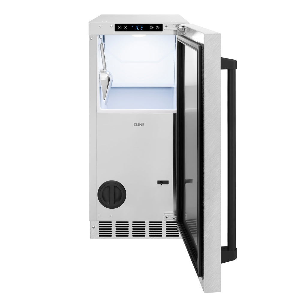 ZLINE Autograph 15" Touchstone Clear Cube Ice Maker with Drain Pump and Satin Stainless Steel Door with Matte Black Handle, ICCDZ-SN-15-MB
