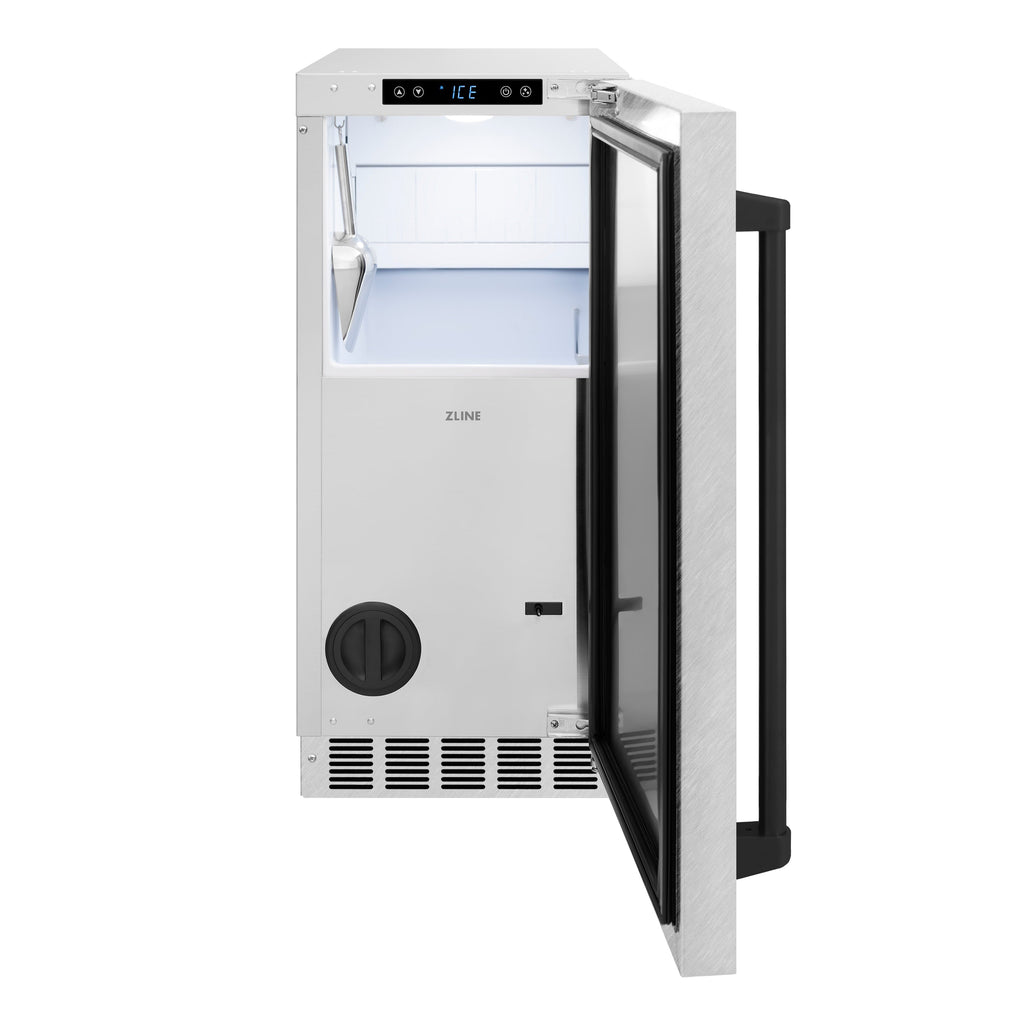 ZLINE Autograph 15" Touchstone Gourmet Ice Maker with Drain Pump and Satin Stainless Steel Door with Matte Black Handle, IGMDZ-SN-15-MB
