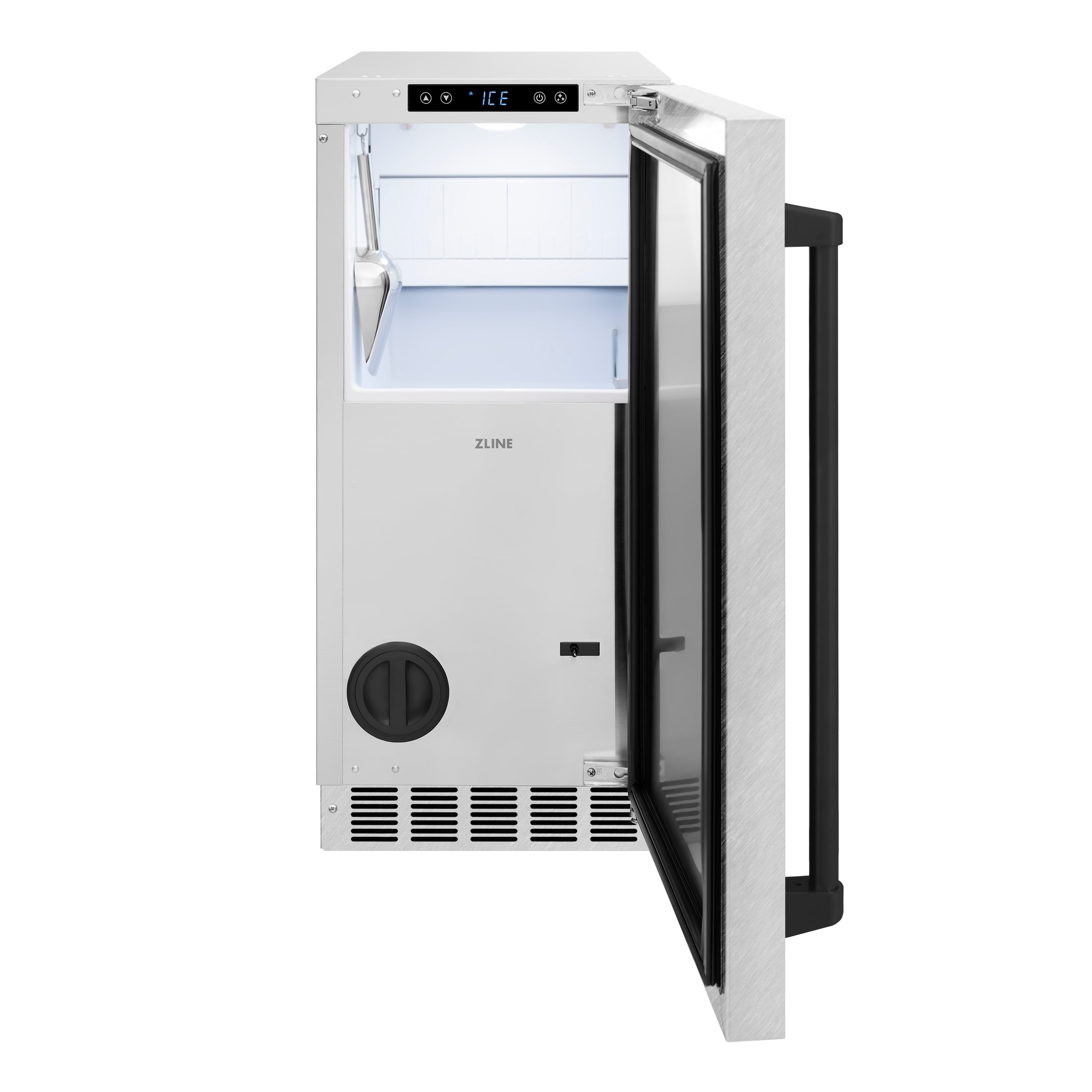 ZLINE Autograph 15" Touchstone Gourmet Ice Maker with Drain Pump and Satin Stainless Steel Door with Matte Black Handle, IGMDZ-SN-15-MB