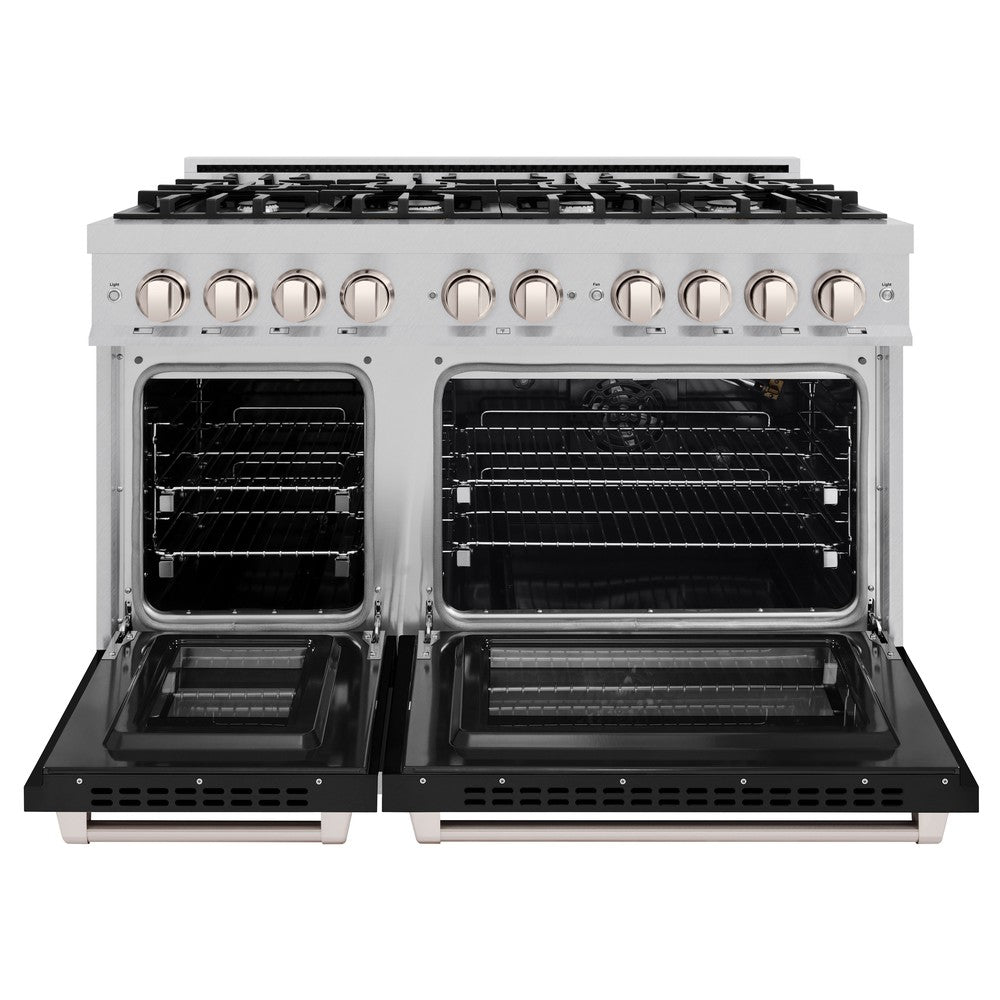 ZLINE 48 in. Gas Range Double Oven 6.7 cu. ft. 8 Burner Cooktop Black Matte Doors Satin Stainless Steel, MODEL HGRS-BLM-48