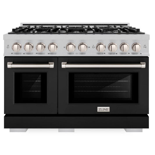 ZLINE 48 in. Gas Range Double Oven 6.7 cu. ft. 8 Burner Cooktop Black Matte Doors Satin Stainless Steel, MODEL HGRS-BLM-48