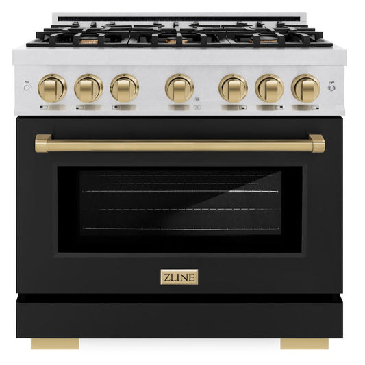 ZLINE 36 in. Dual Fuel Range 5.2 cu. ft. – 6 Burner Gas Cooktop, Electric Convection Oven, Satin Stainless Steel with Black Matte Door & Champagne Bronze Accents (HDRSZ-BLM-36-CB)