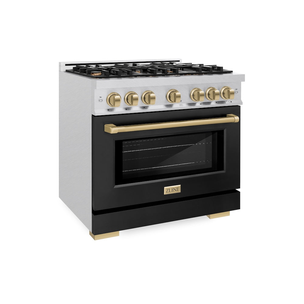 ZLINE 36 in. Dual Fuel Range 5.2 cu. ft. – 6 Burner Gas Cooktop, Electric Convection Oven, Satin Stainless Steel with Black Matte Door & Champagne Bronze Accents (HDRSZ-BLM-36-CB)