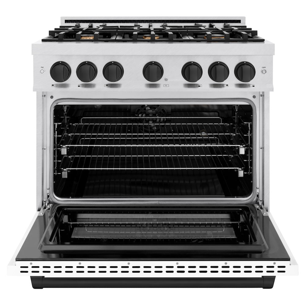 ZLINE 36 in. Dual Fuel Range 5.2 cu. ft. 6 Burner Gas Cooktop Electric Convection Oven Satin Stainless Steel White Matte Door Matte Black Accents (HDRSZ-WM-36-MB)