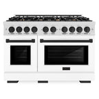 ZLINE 48 in. Dual Fuel Range – Double Oven, 8 Burner Gas Cooktop, 6.7 cu. ft., Satin Stainless Steel with White Matte Doors and Matte Black Accents (HDRSZ-WM-48-MB)