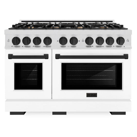 ZLINE 48 in. Dual Fuel Range – Double Oven, 8 Burner Gas Cooktop, 6.7 cu. ft., Satin Stainless Steel with White Matte Doors and Matte Black Accents (HDRSZ-WM-48-MB)