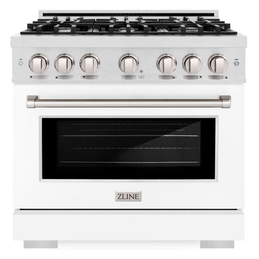ZLINE 36 in. Gas Range 5.2 cu. ft. Convection Oven with 6 Burner Gas Cooktop, Satin Stainless Steel with White Matte Door (HGRS-WM-36)
