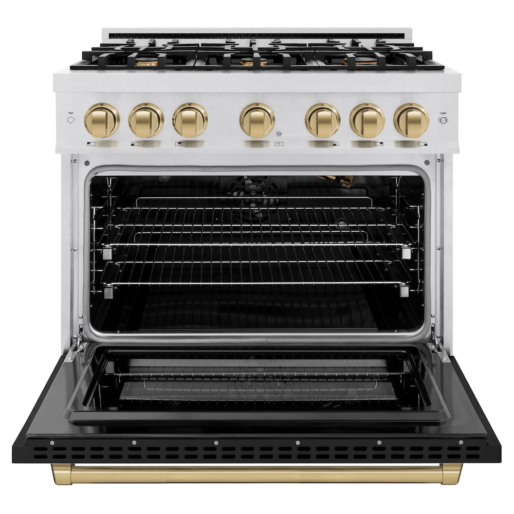 ZLINE 36 in. Gas Range 5.2 cu. ft. 6 Burner Cooktop Convection Gas Oven Satin Stainless Steel with Black Matte Door and Champagne Bronze Accents (HGRSZ-BLM-36-CB)