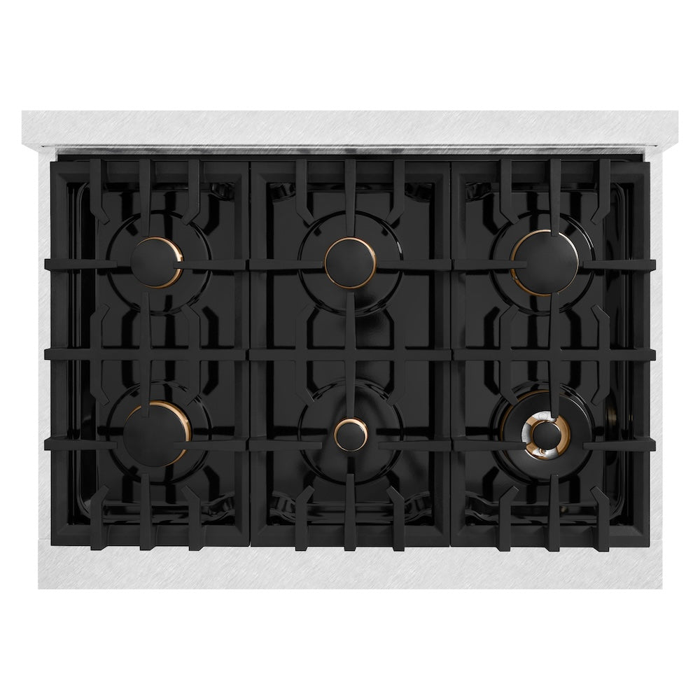 ZLINE 36 in. Gas Range 5.2 cu. ft. 6 Burner Cooktop Convection Gas Oven Satin Stainless Steel with Black Matte Door and Champagne Bronze Accents (HGRSZ-BLM-36-CB)