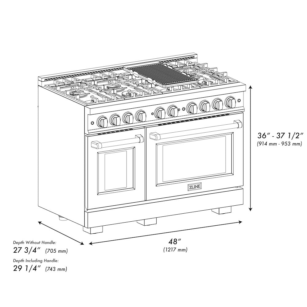 ZLINE 48 in. Double Oven Gas Range 6.7 cu. ft. Select Series with 8 Burner Cooktop, Satin Stainless Steel with Matte Black Accents (HGRSZ-48-MB)