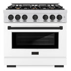 ZLINE 36 in. Gas Range with 6 Burners, 5.2 cu. ft. Convection Gas Oven, Satin Stainless Steel with White Matte Door and Matte Black Accents (HGRSZ-WM-36-MB)