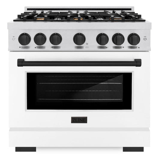 ZLINE 36 in. Gas Range with 6 Burners, 5.2 cu. ft. Convection Gas Oven, Satin Stainless Steel with White Matte Door and Matte Black Accents (HGRSZ-WM-36-MB)