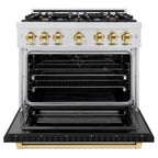 ZLINE 36 in. Select Dual Fuel Range 5.2 cu. ft. – 6 Burner Gas Cooktop, Electric Convection Oven, Satin Stainless Steel with Black Matte Door & Polished Gold Accents (HDRSZ-BLM-36-G)