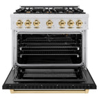 ZLINE 36 in. Gas Range 5.2 cu. ft. 6 Burner Cooktop Convection Gas Oven Satin Stainless Steel Black Matte Door Polished Gold Accents (HGRSZ-BLM-36-G)