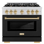 ZLINE 36 in. Gas Range 5.2 cu. ft. 6 Burner Cooktop Convection Gas Oven Satin Stainless Steel Black Matte Door Polished Gold Accents (HGRSZ-BLM-36-G)