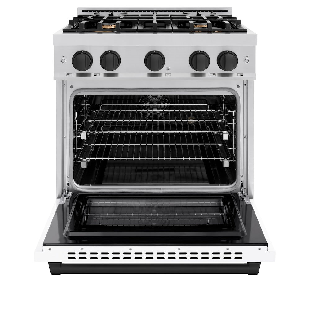 ZLINE Autograph Edition 30 in. Select Dual Fuel Range, 4 Burners, 4.2 cu. ft. Electric Convection Oven, Stainless Steel with White Matte Door & Matte Black Accents (HDRZ-WM-30-MB)