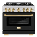 ZLINE 36 in. Dual Fuel Range 5.2 cu. ft. Select Series with 6 Gas Burners, Electric Convection Oven, Black Matte Door, Polished Gold Accents – Stainless Steel (HDRZ-BLM-36-G)