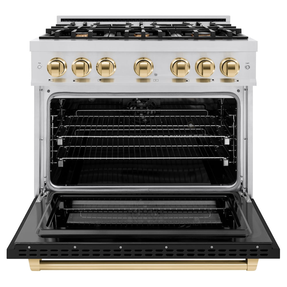 ZLINE 36 in. Dual Fuel Range 5.2 cu. ft. Select Series with 6 Gas Burners, Electric Convection Oven, Black Matte Door, Polished Gold Accents – Stainless Steel (HDRZ-BLM-36-G)