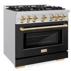 ZLINE 36 in. Dual Fuel Range 5.2 cu. ft. Select Series with 6 Gas Burners, Electric Convection Oven, Black Matte Door, Polished Gold Accents – Stainless Steel (HDRZ-BLM-36-G)