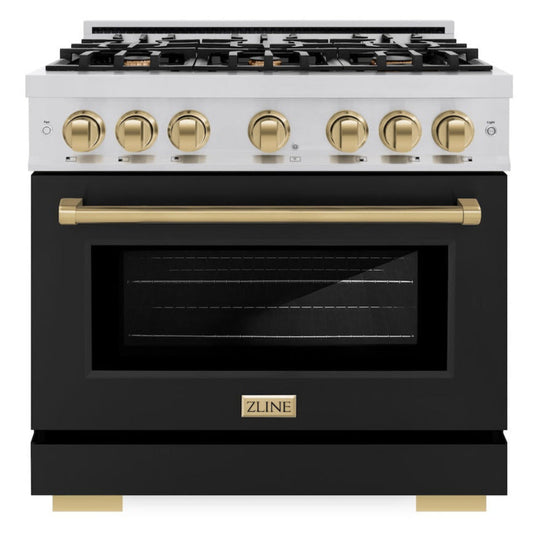 ZLINE 36 in. Gas Range 5.2 cu. ft. 6 Burners Stainless Steel Black Matte Door Champagne Bronze Accents (HGRZ-BLM-36-CB)