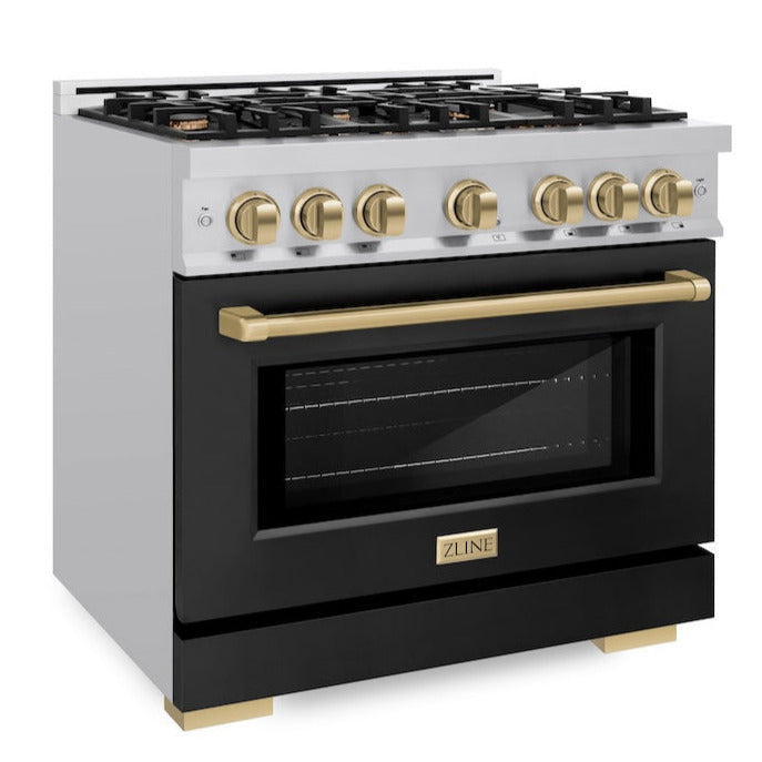 ZLINE 36 in. Gas Range 5.2 cu. ft. 6 Burners Stainless Steel Black Matte Door Champagne Bronze Accents (HGRZ-BLM-36-CB)