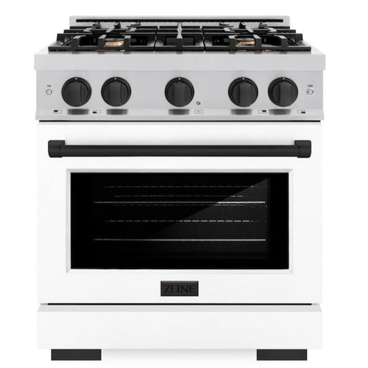 ZLINE Autograph Edition 30 in. 4.2 cu. ft. Select Gas Range with 4 Burners, Stainless Steel with White Matte Door and Matte Black Accents (HGRZ-WM-30-MB)