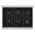 ZLINE 36 in. Gas Range 5.2 cu. ft. 6 Burners Stainless Steel Black Matte Door Polished Gold Accents (HGRZ-BLM-36-G)