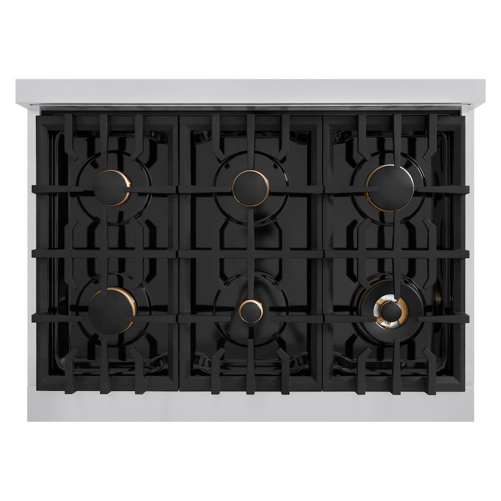 ZLINE 36 in. Gas Range 5.2 cu. ft. 6 Burners Stainless Steel Black Matte Door Polished Gold Accents (HGRZ-BLM-36-G)