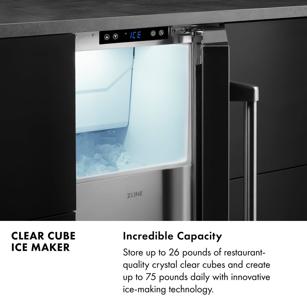 ZLINE Autograph 15" Touchstone Clear Cube Ice Maker with Drain Pump and Solid Stainless Steel Door with Matte Black Handle, ICCDZ-ST-15-MB