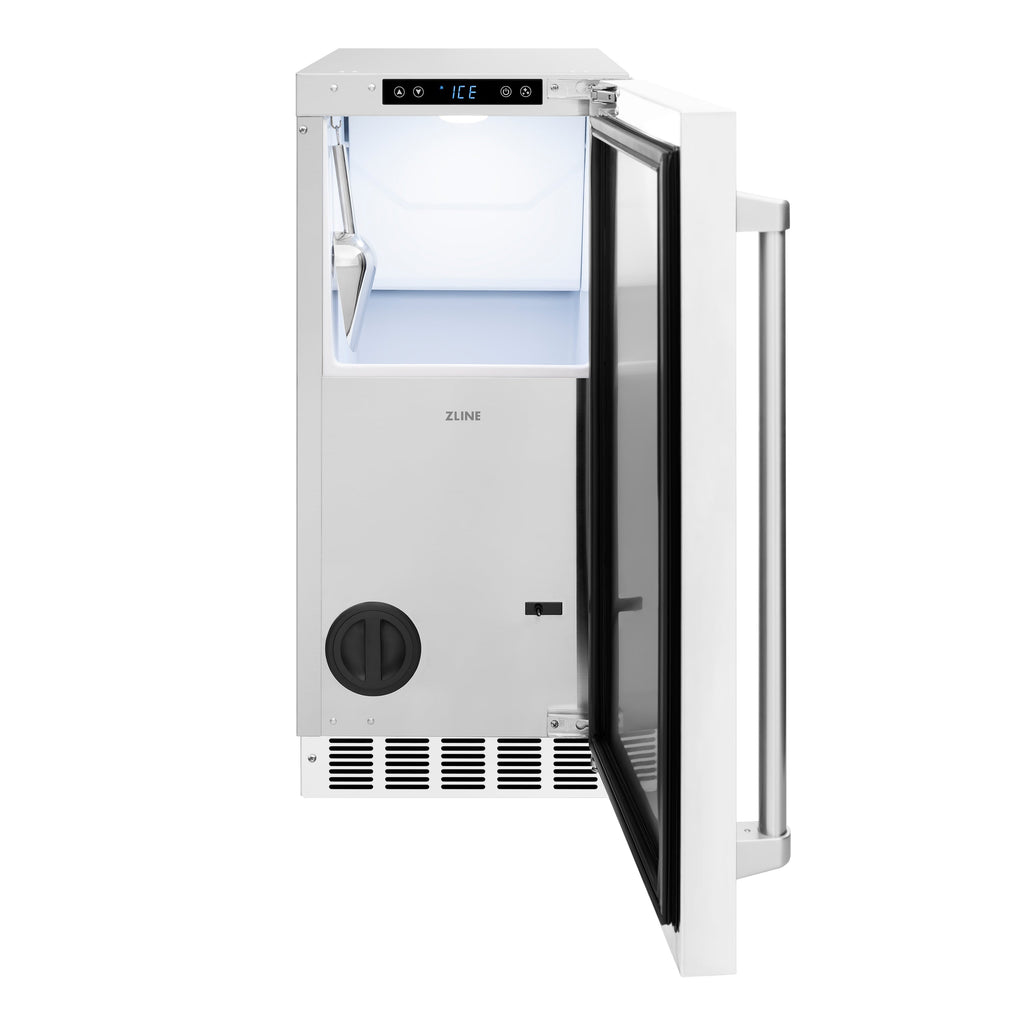 ZLINE 15" Touchstone Clear Cube Ice Maker with Drain Pump and White Matte Door, ICCD-WM-15