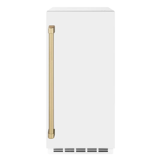 ZLINE Autograph 15" Touchstone Clear Cube Ice Maker with Drain Pump and White Matte Door with Champagne Bronze Handle, ICCDZ-WM-15-CB