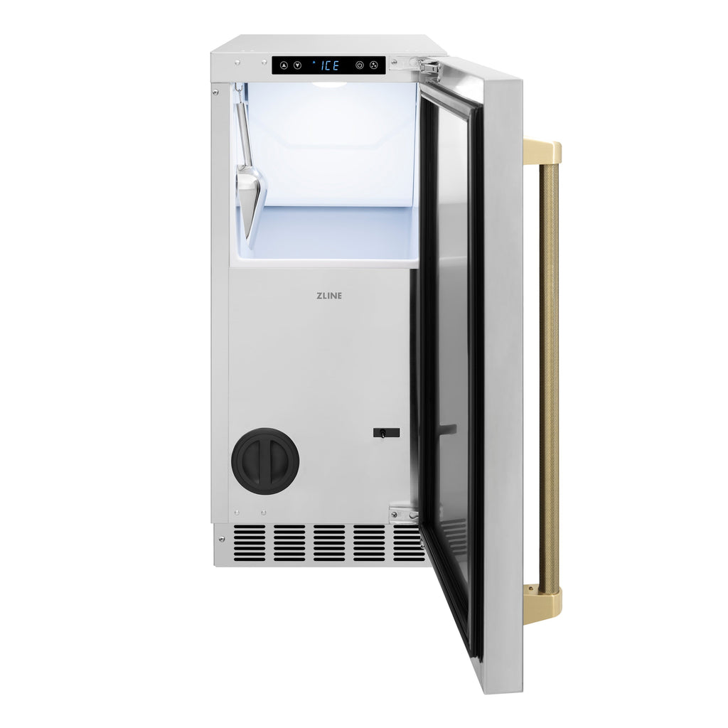 ZLINE Autograph 15" Touchstone Clear Cube Ice Maker with Drain Pump and Solid Stainless Steel Door with Champagne Bronze Helix Handle, ICCDZ-ST-15-KCB