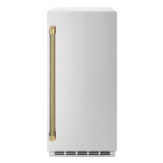 ZLINE Autograph 15" Touchstone Clear Cube Ice Maker with Drain Pump and Solid Stainless Steel Door with Polished Gold Helix Handle, ICCDZ-ST-15-KG