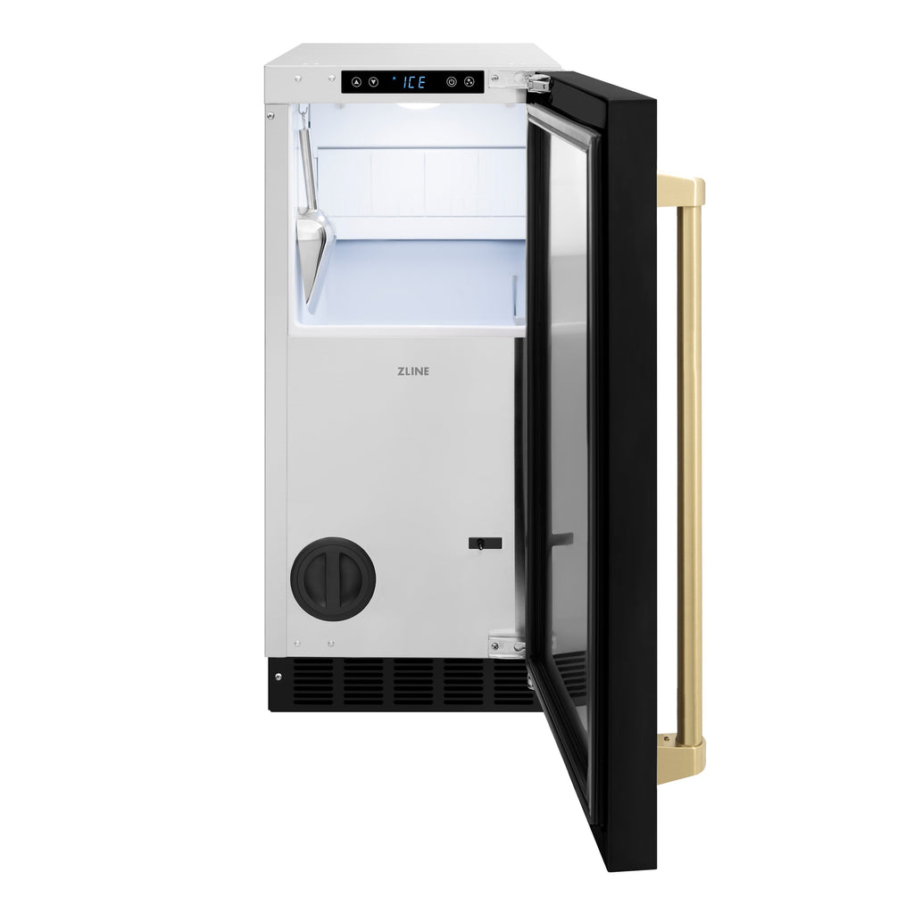 ZLINE Autograph 15" Touchstone Gourmet Ice Maker with Drain Pump and Black Matte Door with Champagne Bronze Handle, IGMDZ-BLM-15-CB