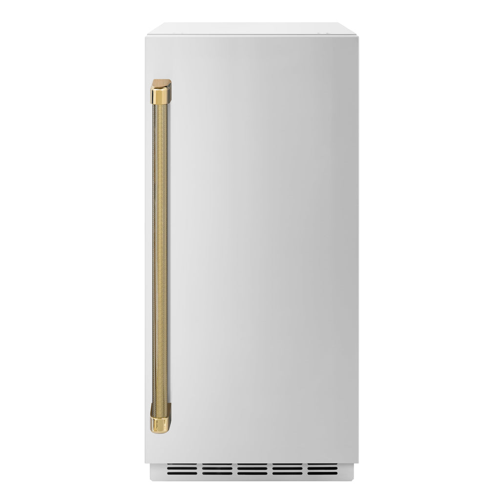 ZLINE Autograph 15" Touchstone Gourmet Ice Maker with Drain Pump and Solid Stainless Steel Door with Polished Gold Helix Handle, IGMDZ-ST-15-KG