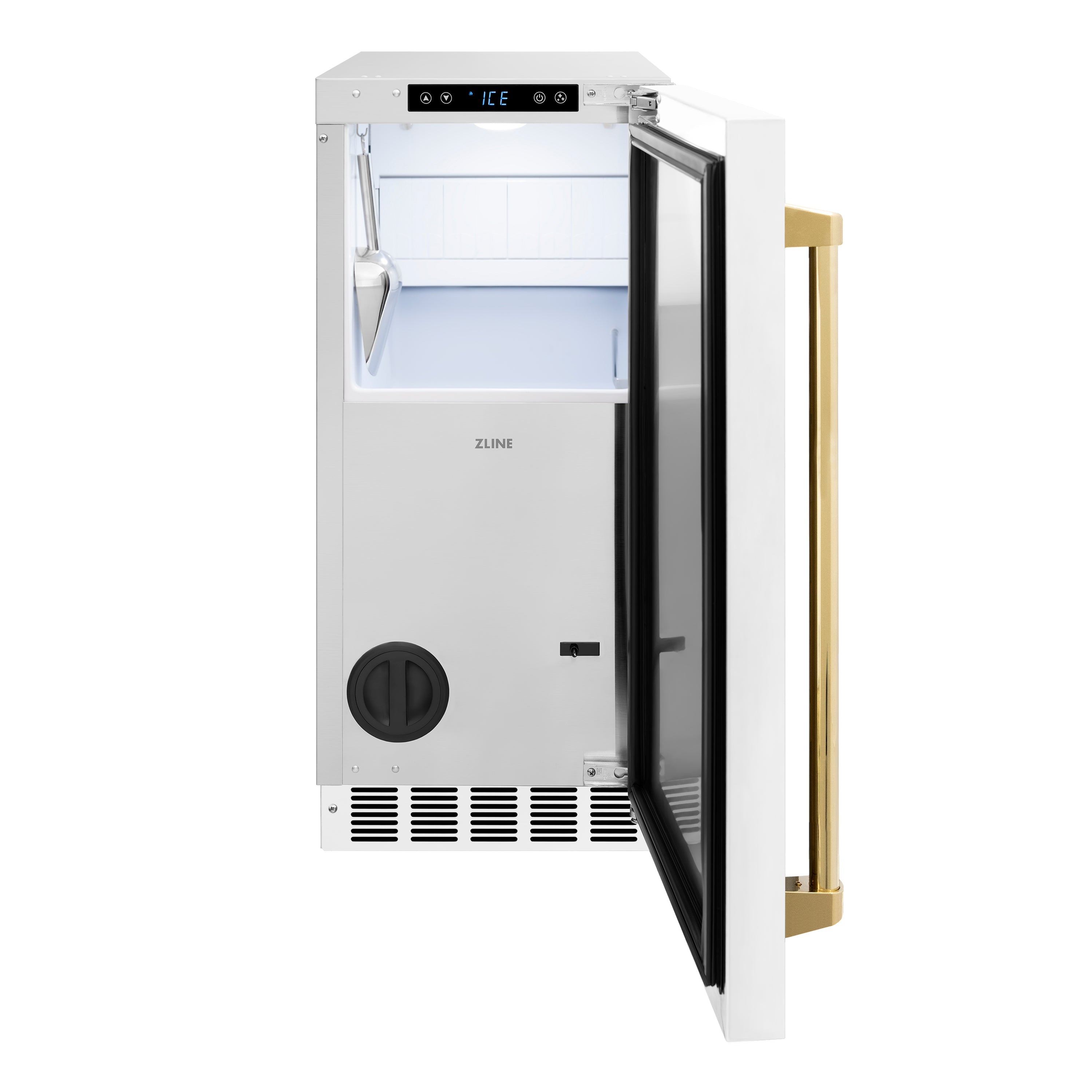 ZLINE Autograph 15" Touchstone Gourmet Ice Maker with Drain Pump and White Matte Door with Polished Gold Handle, IGMDZ-WM-15-G