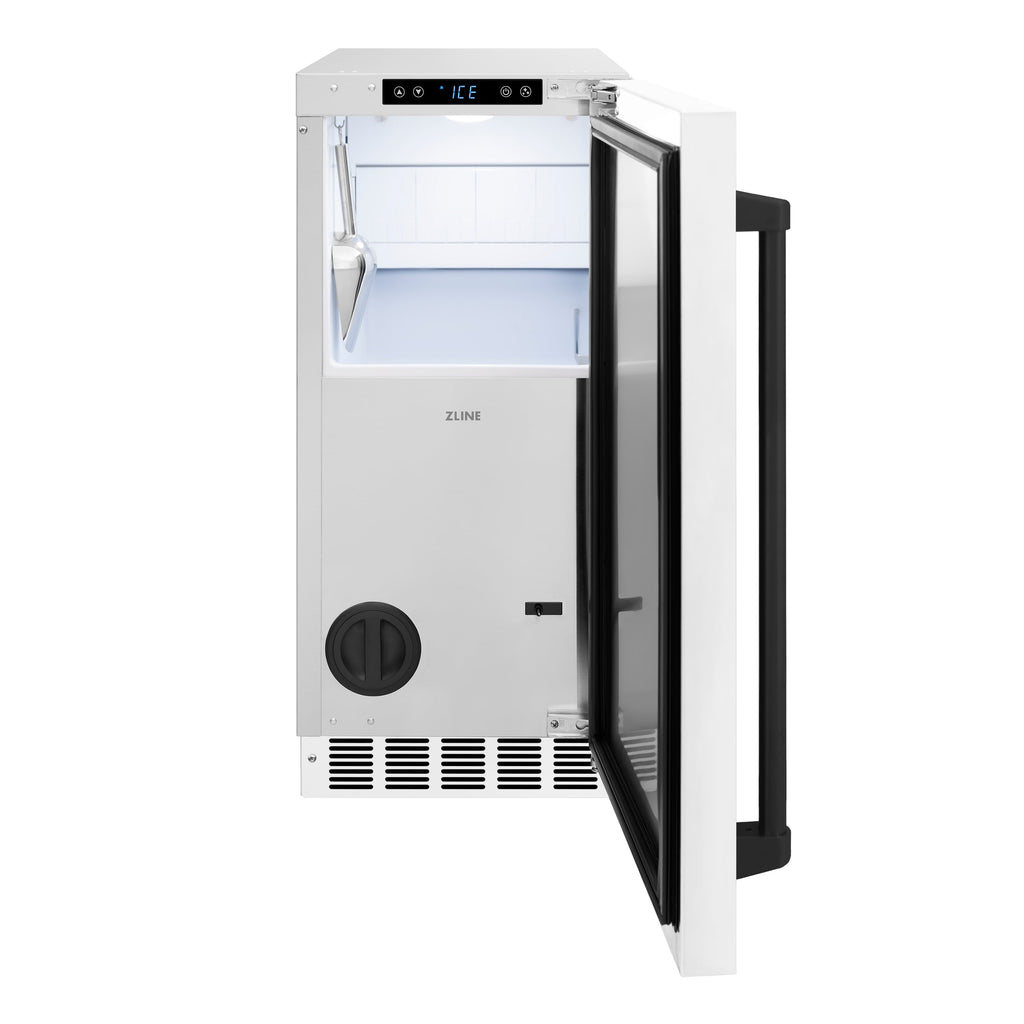 ZLINE Autograph 15" Touchstone Gourmet Ice Maker with Drain Pump and White Matte Door with Matte Black Handle, IGMDZ-WM-15-MB