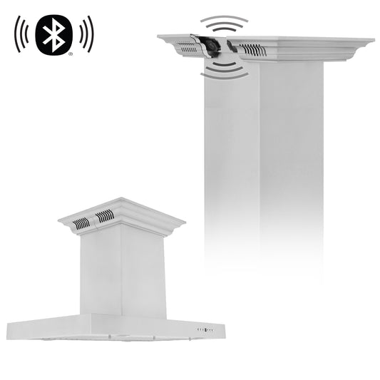 ZLINE 36 in. Island Mount Range Hood with CrownSound Bluetooth Speakers, Stainless Steel, 400 CFM, KE2iCRN-BT-36