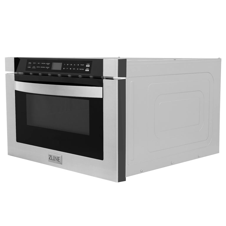 ZLINE Appliance Package - 48" Gas Range, Range Hood, 36" Refrigerator with Water/Ice Dispenser, 24" Microwave Drawer and Dishwasher in Stainless Steel