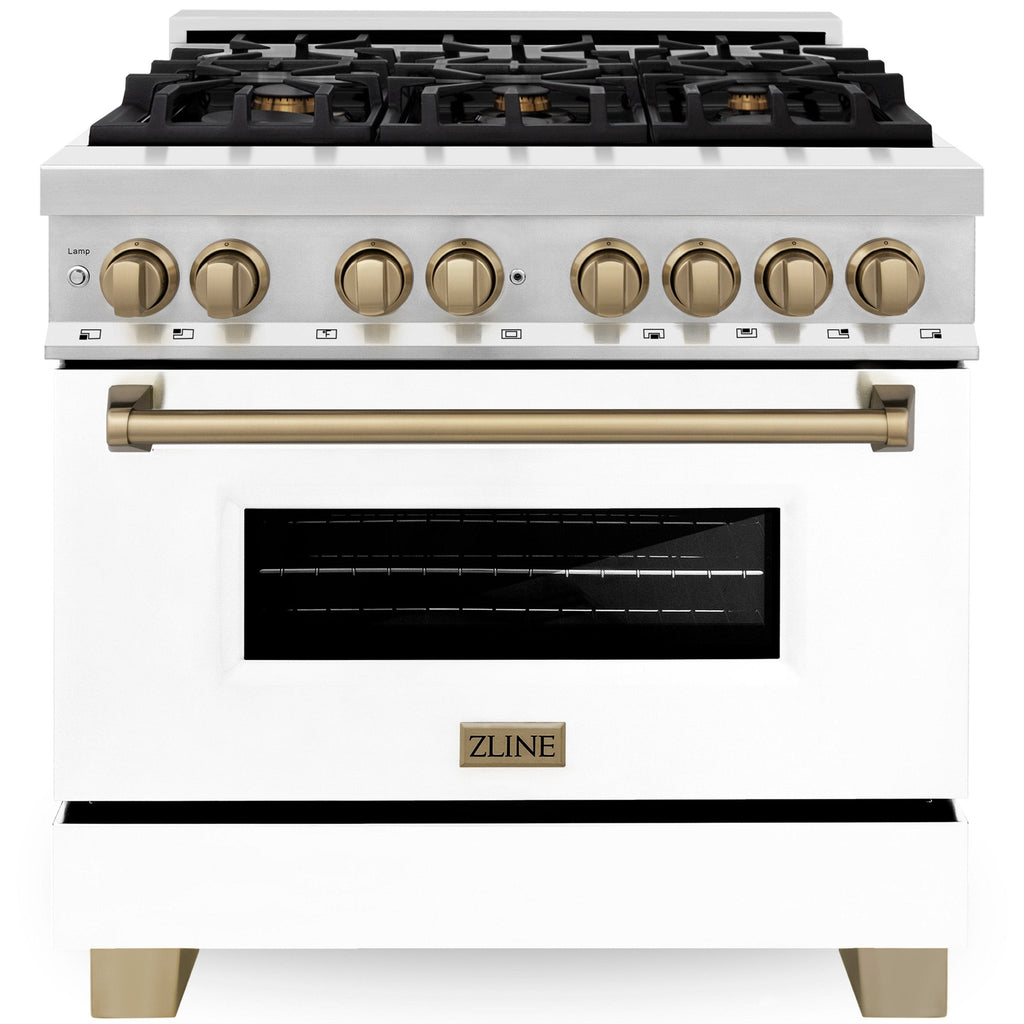 ZLINE Autograph Edition 36 in. 4.6 cu. ft. Dual Fuel Range with Gas Cooktop and Electric Convection Oven, White Matte Door with Champagne Bronze Accents (RAZ-WM-36-CB)