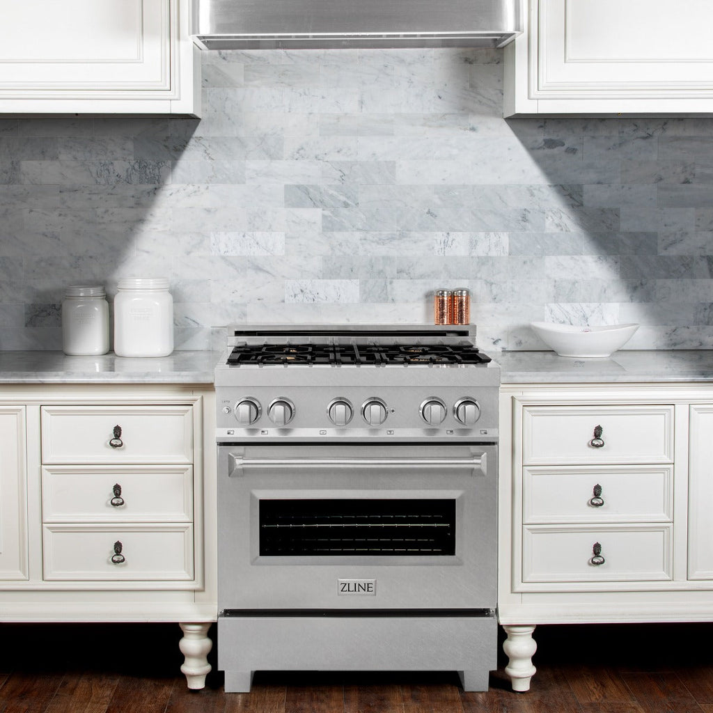 ZLINE Legacy 30 in. 4.0 cu. ft. Dual Fuel Range with 4 Brass Burners, Gas Cooktop and Electric Convection Oven, Satin Stainless Steel (RAS-SN-BR-30)