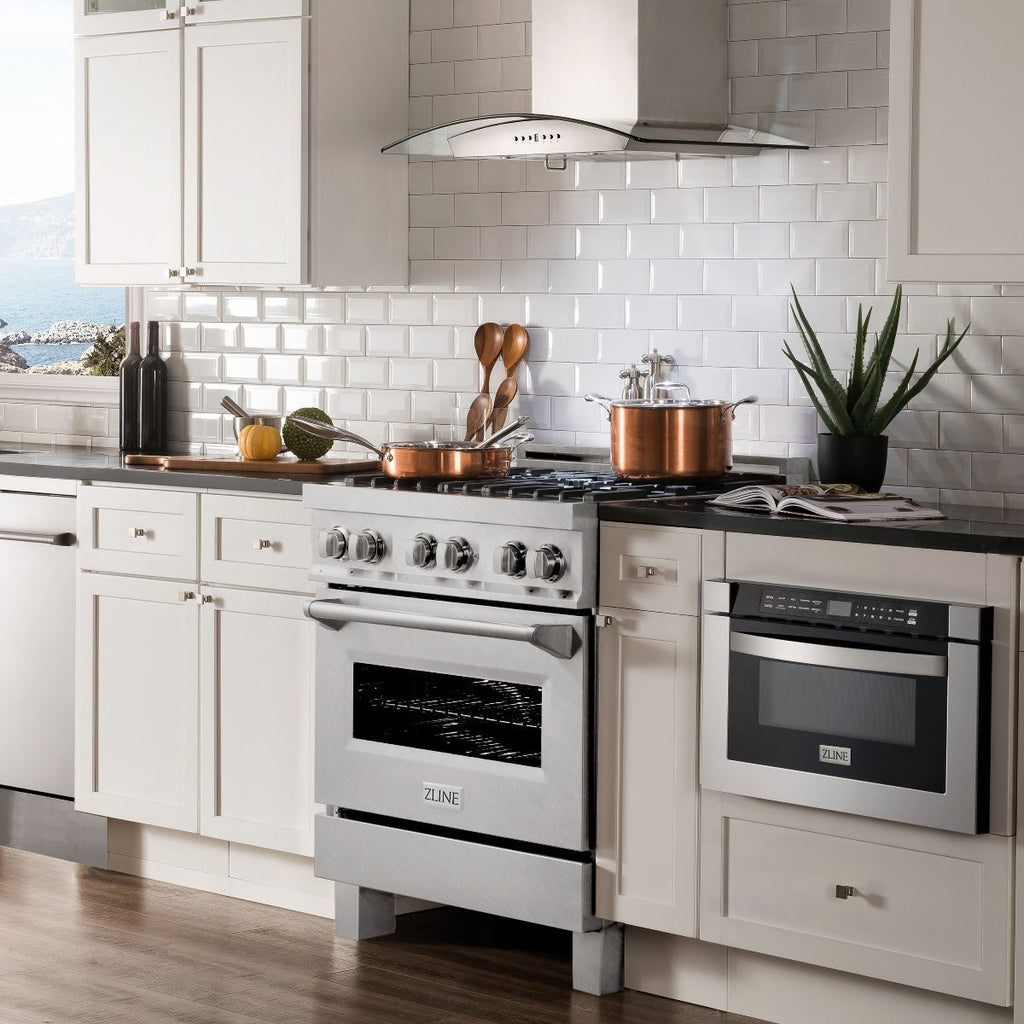 ZLINE Legacy 30 in. 4.0 cu. ft. Dual Fuel Range with 4 Brass Burners, Gas Cooktop and Electric Convection Oven, Satin Stainless Steel (RAS-SN-BR-30)