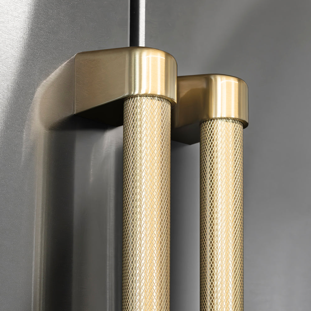 ZLINE 36 in. French Door Refrigerator 28.9 Cu. Ft. Standard-Depth Fingerprint-Resistant Stainless Steel External Water Dispenser Dual Ice Maker Champagne Bronze Helix Handles (RSMZ-W-36-KCB)