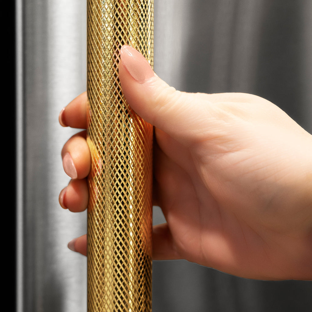 ZLINE 36 in. Counter-Depth French Door Refrigerator 21.6 cu. ft. Water and Ice Dispenser Fingerprint-Resistant Stainless Steel Polished Gold Helix Handles (RFMZ-W-36-KG)