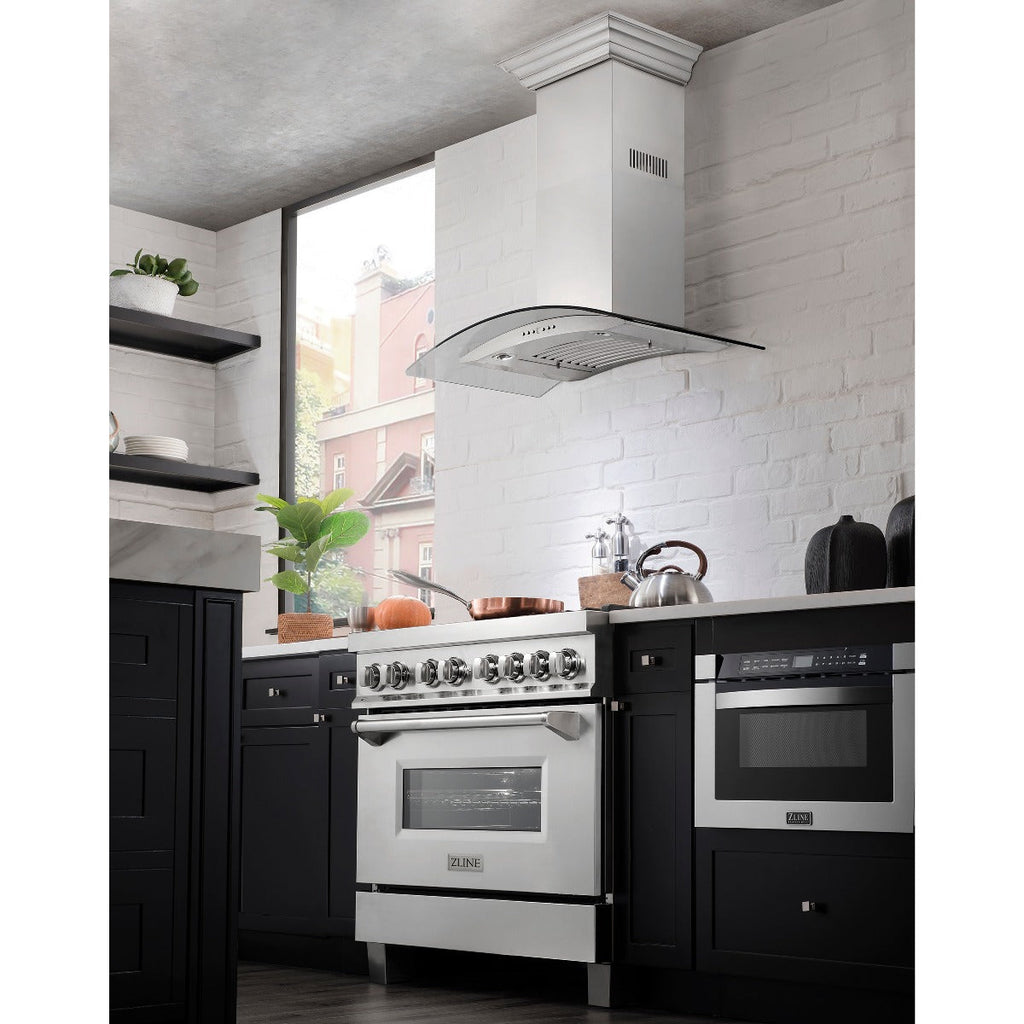 ZLINE 36 in Wall Mount Range Hood Convertible Vent Stainless Steel & Glass 4-Speed 700 CFM (KN4-36)